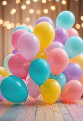 Pastel-colored balloons dance against a backdrop of gentle light bokeh