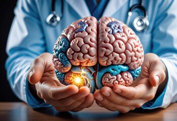 Physician gently cradles a model brain, symbolizing nurturing and safeguarding mental well-being