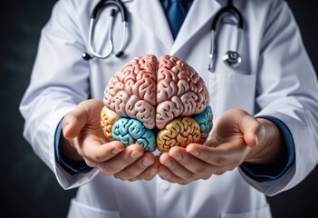 Physician gently cradles a model brain, symbolizing nurturing and safeguarding mental well-being