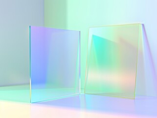 The rendering shows abstract geometric shapes isolated on a white background. Flat square glass with a blue violet green gradient.