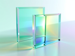 Render of 3-dimensional geometric shapes on white background. Flat square glass with blue violet green gradient. Modern minimal style.