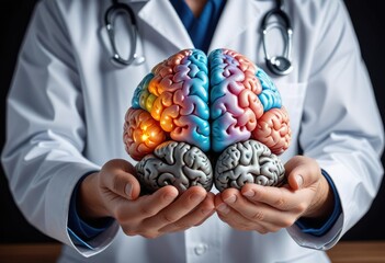 Physician gently cradles a model brain, symbolizing nurturing and safeguarding mental well-being