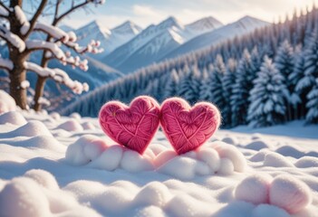 Two woolen pink hearts standing on the white fluffy snow, creating a charming winter scene