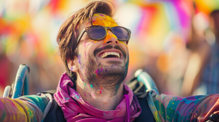 Obraz premium Cheerful man in wheelchair at the festival of colors Holi 