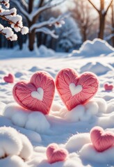 Two woolen pink hearts standing on the white fluffy snow, creating a charming winter scene