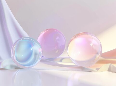 Colorful translucent round glass shapes on an abstract modern minimal background