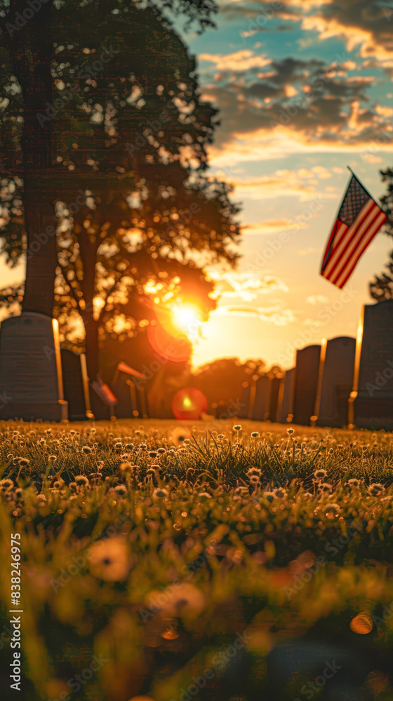 Sticker a cemetery with a row of headstones and a flag in the background