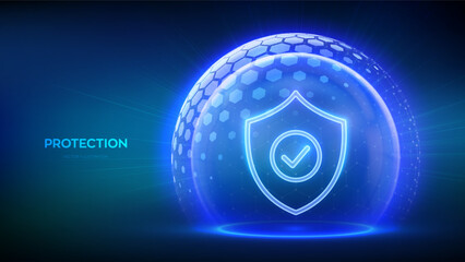 Protection. Cyber security. Network safety. Healthcare. Insurance. Protection shield with Check mark icon inside transparent sphere shield with hexagon pattern on blue background. Vector illustration.