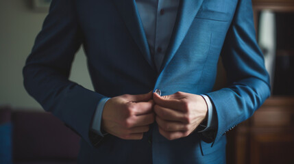 A man in a blue suit is getting dressed and adjusting his jacket