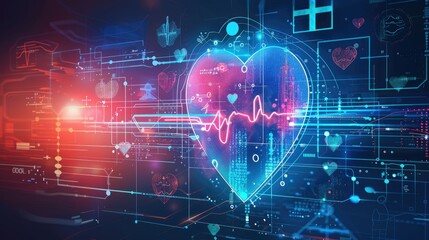 Obraz premium Digital heart wave in neon colors with tech symbols, symbolizing modern advancements in healthcare technology