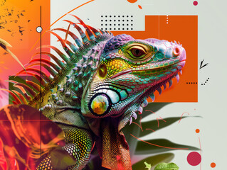 Obraz premium A colorful lizard with a green head and red tail is the main focus of the image