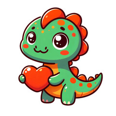 Naklejka premium A cute, colorful illustration of a small dinosaur holding a red heart with a happy expression on a transparent background