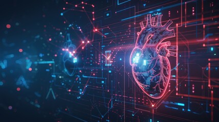 Digital heart wave with futuristic design, glowing tech symbols, highlighting the innovation in healthcare technology