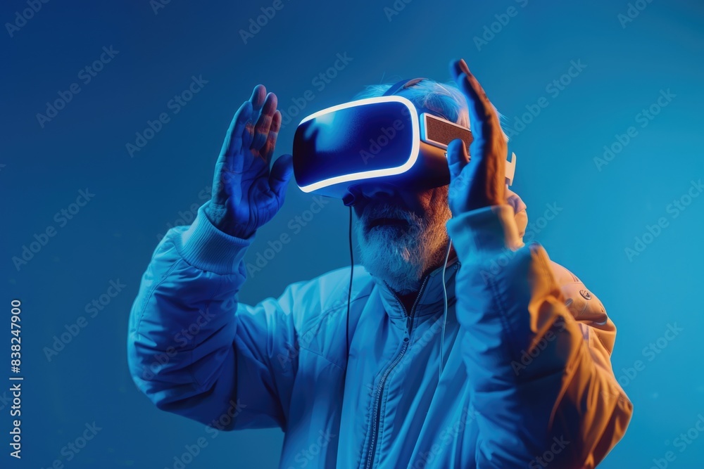 Poster a person wearing a blue jacket and using a virtual reality device, perfect for tech or innovation-th