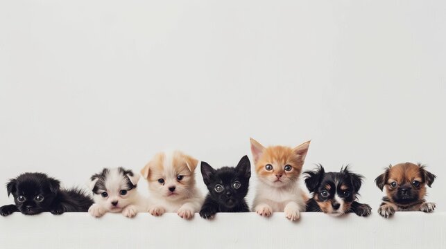 adorable kittens and puppies in a row blank banner for copy space
