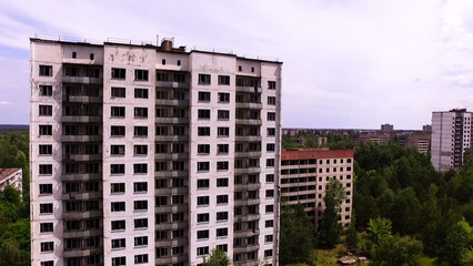 Fototapeta premium Aerial view of abandoned residential buildings in Pripyat. Chernobyl exclusion zone. Ukraine