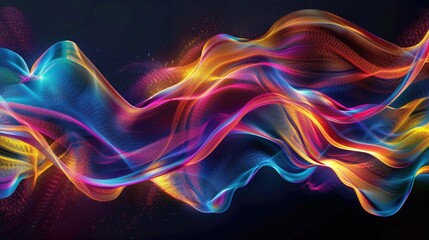 Dynamic graphic light waves, flowing and intertwining in vibrant colors on a dark backdrop
