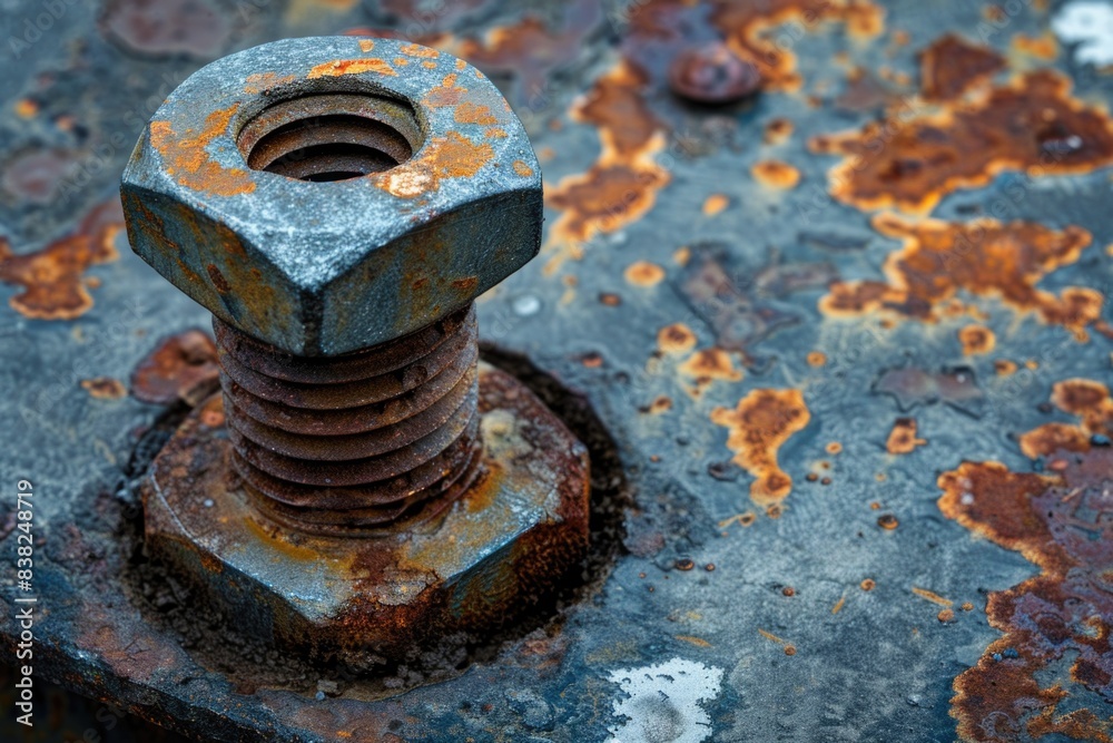 Poster close-up of a rusty bolt and nut on a corroded surface