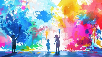  The child and their classmates engage in a creative art class where paintbrushes paint by themselves, creating fantastical landscapes and dreamy scenes on giant canvases.