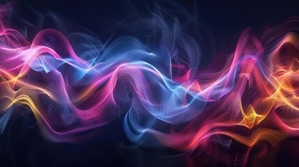 Dynamic graphic waves of light, swirling in vibrant colors on a dark backdrop, creating a sense of motion