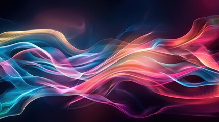 Elegant graphic light waves, intertwining and flowing in vibrant colors on a dark background