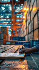 Obraz premium A man is writing on a piece of paper in a warehouse