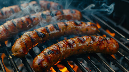 pork sausages on a black BBQ grill, black grill with burning coals underneath, background of light smoke rising from the grill, Ai generated Images