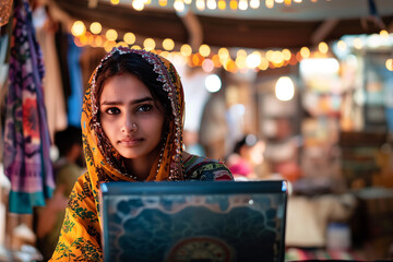 Beautiful young Indian woman, smiling student dressed in typical colorful Indian clothes using laptop working online from her fabric shop looking at camera sitting at a table, generative AI