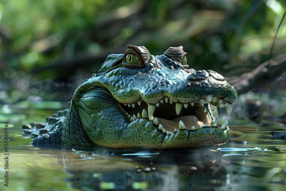 Poster close-up shot of a crocodile in a body of water, suitable for use in wildlife or nature-related cont