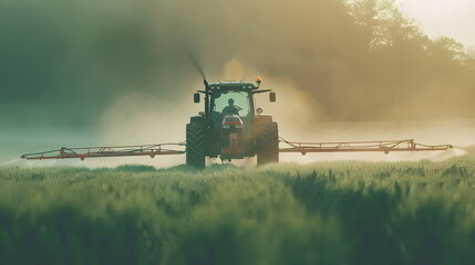 Fototapeta premium Agricultural Tractor Spraying Pesticides Crop Field Dawn Mist