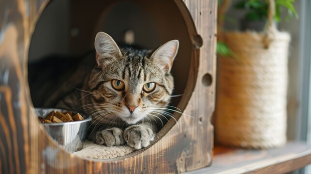 Feline relaxing in a wooden cat house, with a scratching post and food bowls in view, highlighting a comfortable environment