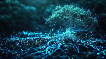 Futuristic tree with glowing branches and digital roots, set against a dark graphic background, representing tech-enhanced nature