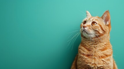 A close-up photo of an orange tabby cat looking up and to the right against a teal background. The cat has white fur on its chest and around its mouth. - Powered by Adobe