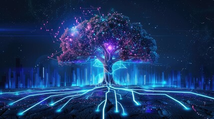 Futuristic tree with neon lights and circuit roots, set against a sleek graphic background, representing nature's tech transformation
