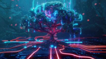 Futuristic tree with neon lights and circuit roots, set against a sleek graphic background, representing nature's tech transformation