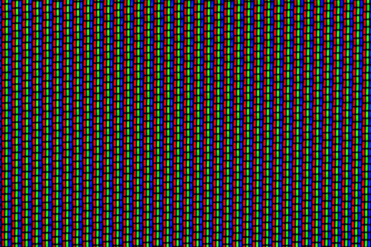 Color dot of a CRT TV screen (cathode ray tube) Shot using a macro technique, showing the details of each pixel consisting of red, green and blue. It is a screen that uses electron particle Beam 