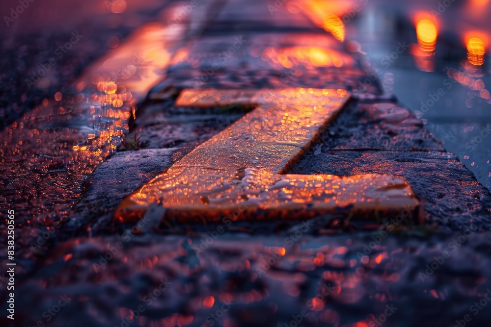 Poster Image of a wet sidewalk with a painted arrow pointing in one direction