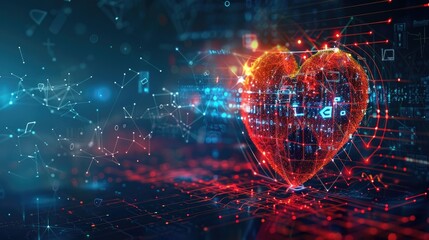 Obraz premium Glowing heart wave with digital tech symbols, highlighting the fusion of healthcare and technology, on a dark backdrop