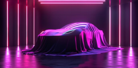 Presentation Of Car Covered with Cloth Illuminated by Violet Neon Lights. 3D rendering.