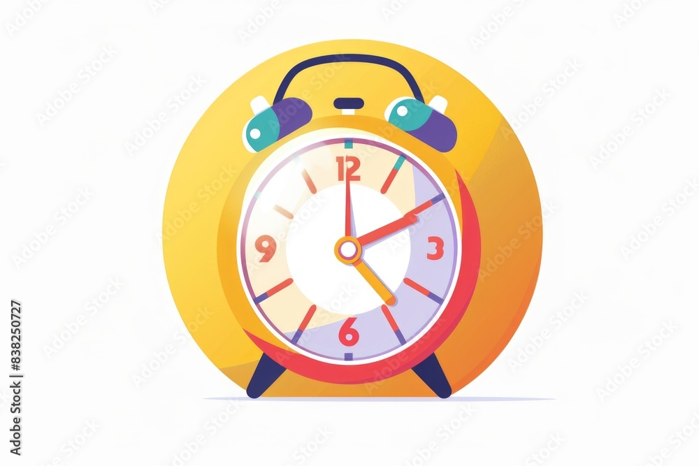 Poster an alarm clock and headphones on a simple white background
