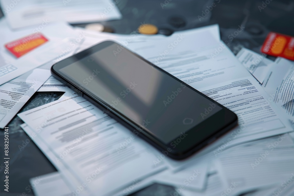 Aufkleber A cell phone resting on a stack of documents and files