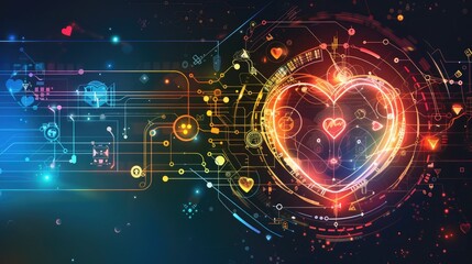Fototapeta premium Glowing tech heart wave, with digital symbols and futuristic elements, representing technological innovation in healthcare
