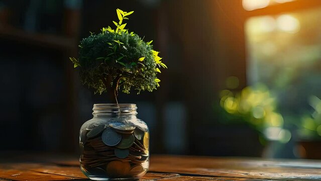 3D animation of a glass jar with a coin and a tree growing inside, representing savings, economic growth, passive income, and future investments.