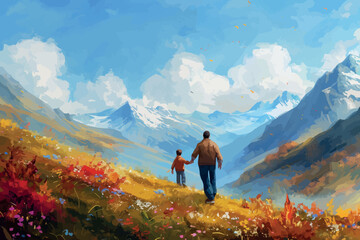 Obraz premium Happy Fathers Day Greetings sunset Background family father and son vector illustration