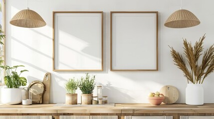 boho kitchen frame mockup set three empty poster or photo frames on a wall in a stylish bohemian kitchen ready for personalized content interior design mockup
