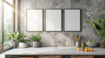 boho kitchen frame mockup set three empty poster or photo frames on a wall in a stylish bohemian kitchen ready for personalized content interior design mockup