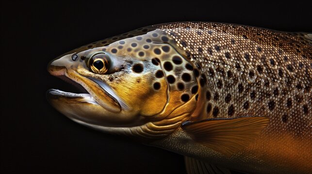 Detailed Close-up of a Brown Trout Fish on Dark Background