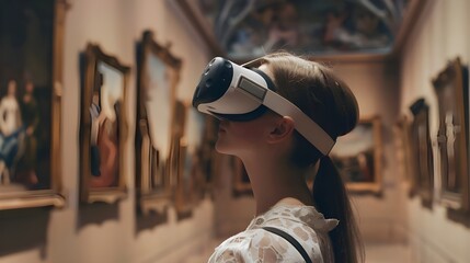 Young woman wearing a virtual reality headset using it to visualize a museum art gallery with paintings, virtual museum tour concept