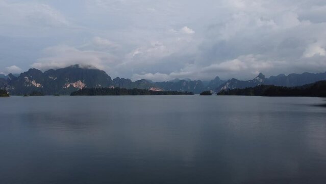 Flying drone over Kao Sok lake Thailand