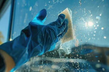 A person cleaning a car window with a sponge - Powered by Adobe